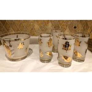 Vintage Libby Golden Foliage Frosted Ice Bucket 4 Highball Glasses 5 Piece Set